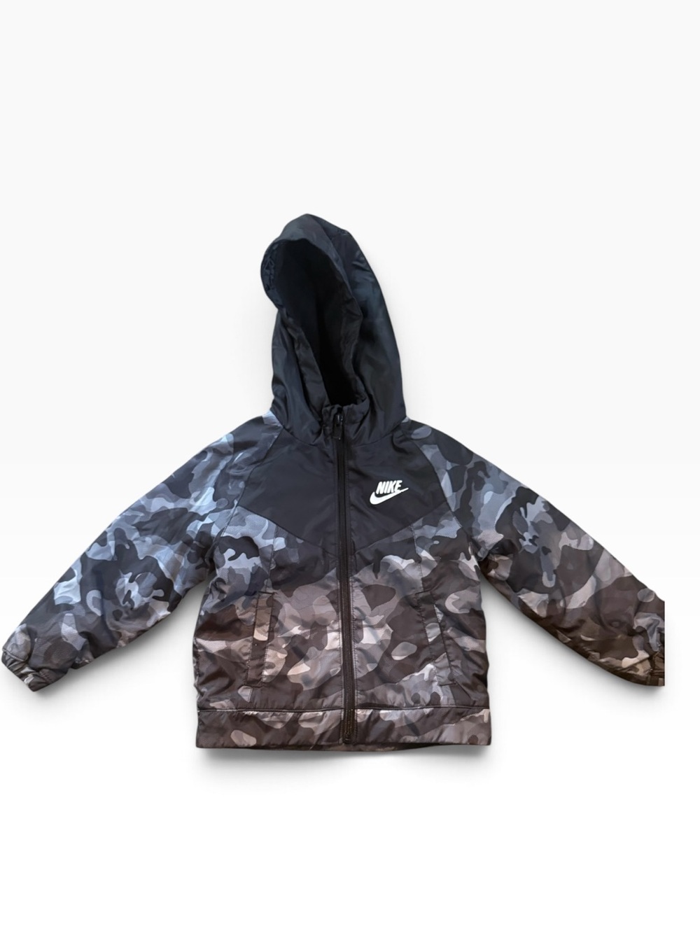 Toddler boys Nike lined hooded jacket in black & gray camo EUC Size 3T